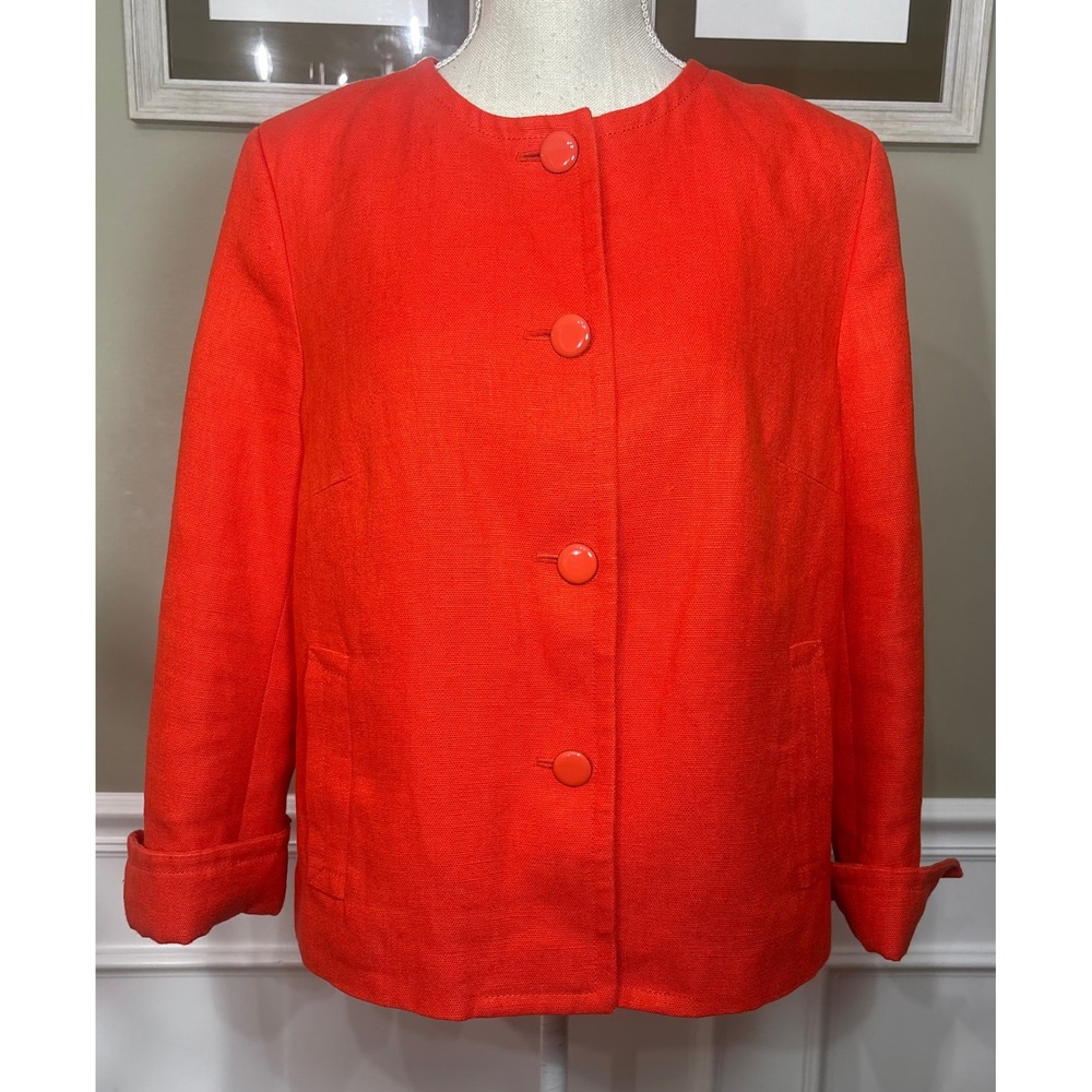 Talbots Petites Orange 100% Linen Button Front Collarless Jacket 14P PH95